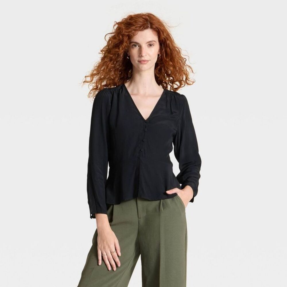 A New Day - Women's Long Sleeve Button-Front Top - A New Day B Black